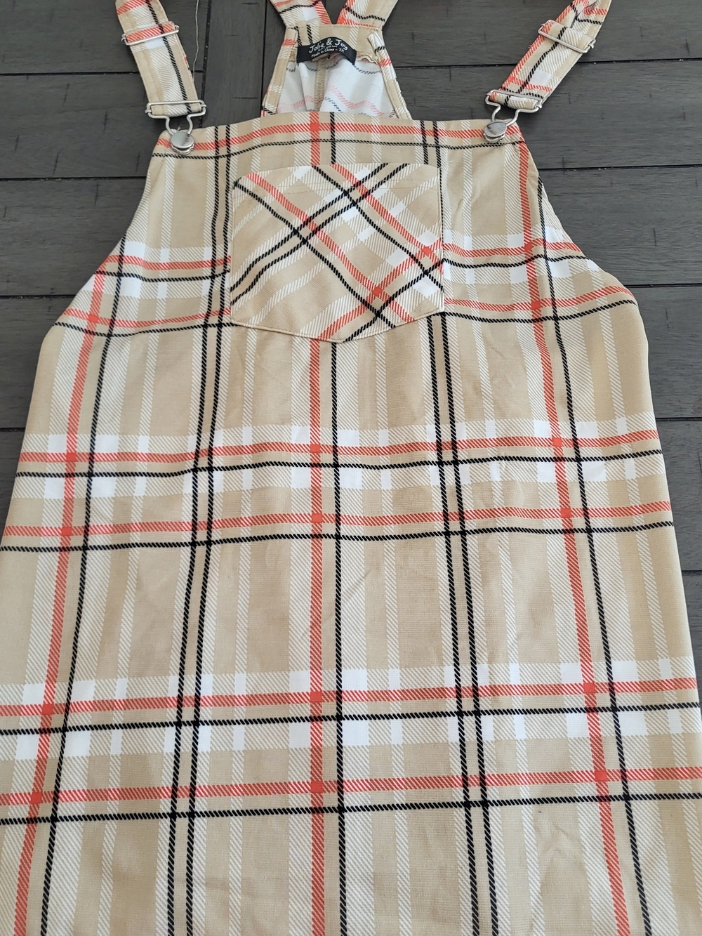 Beige Plaid Mini Pinafore Dress with Red and Black Check
